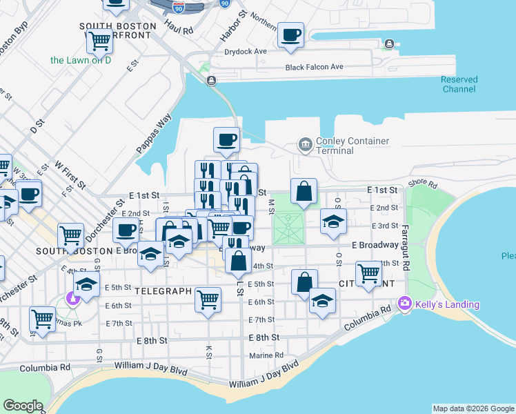 map of restaurants, bars, coffee shops, grocery stores, and more near 730 East 2nd Street in Boston