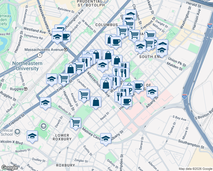 map of restaurants, bars, coffee shops, grocery stores, and more near 100 West Springfield Street in Boston