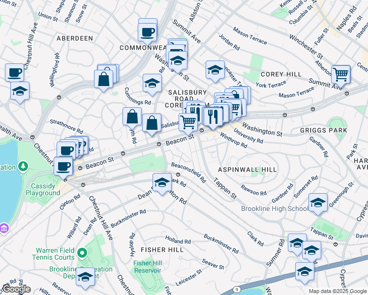 map of restaurants, bars, coffee shops, grocery stores, and more near in Brookline