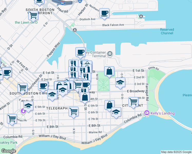 map of restaurants, bars, coffee shops, grocery stores, and more near 730 East 2nd Street in Boston