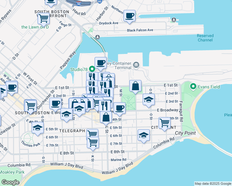 map of restaurants, bars, coffee shops, grocery stores, and more near 730 East 2nd Street in Boston