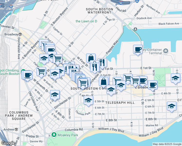 map of restaurants, bars, coffee shops, grocery stores, and more near 103 Dresser Street in Boston