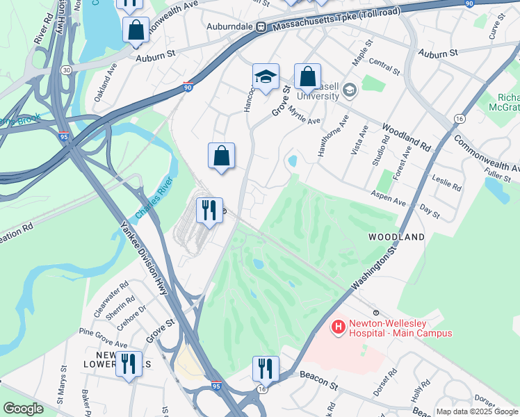 map of restaurants, bars, coffee shops, grocery stores, and more near 282 Grove Street in Newton