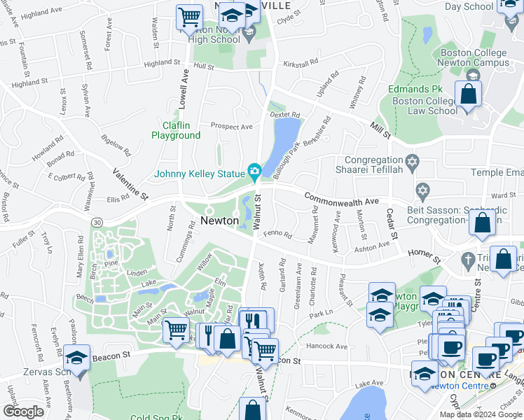 map of restaurants, bars, coffee shops, grocery stores, and more near 696 Walnut Street in Newton