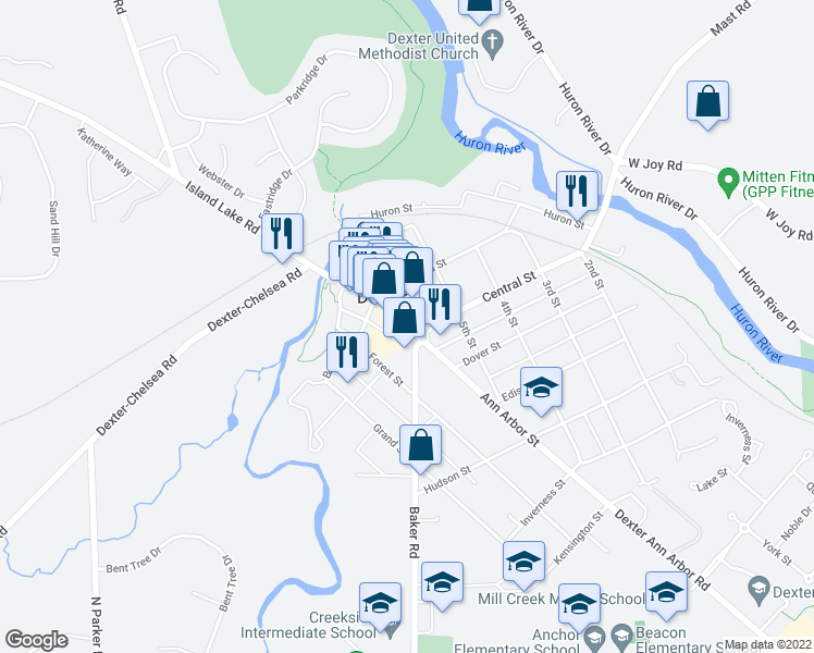 map of restaurants, bars, coffee shops, grocery stores, and more near 8300 Main Street in Dexter