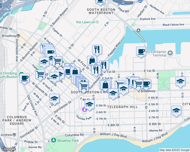 map of restaurants, bars, coffee shops, grocery stores, and more near 103 Dresser Street in Boston