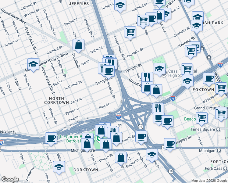 map of restaurants, bars, coffee shops, grocery stores, and more near 2710 Brooklyn Street in Detroit