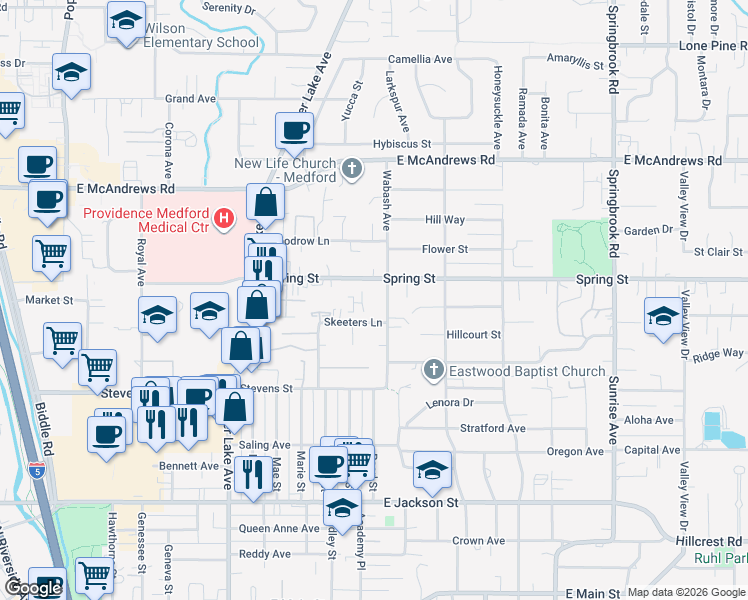 map of restaurants, bars, coffee shops, grocery stores, and more near 905 Wabash Avenue in Medford