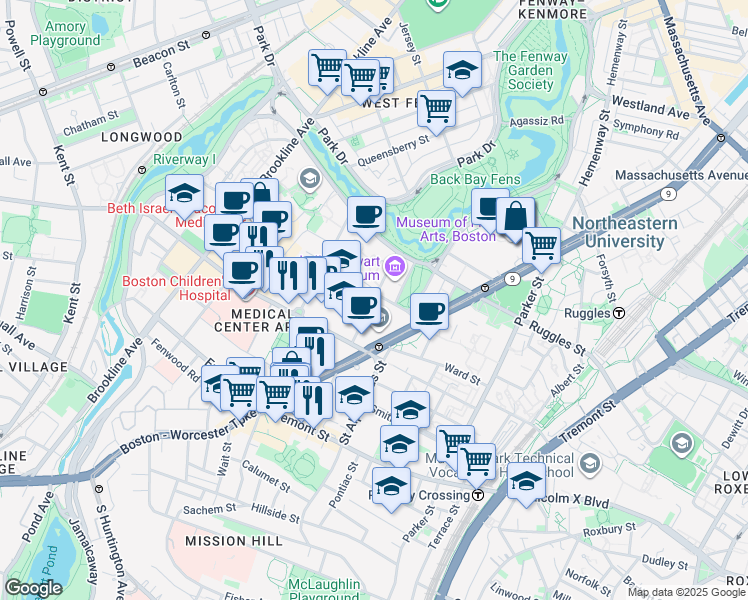 map of restaurants, bars, coffee shops, grocery stores, and more near Palace Road in Boston