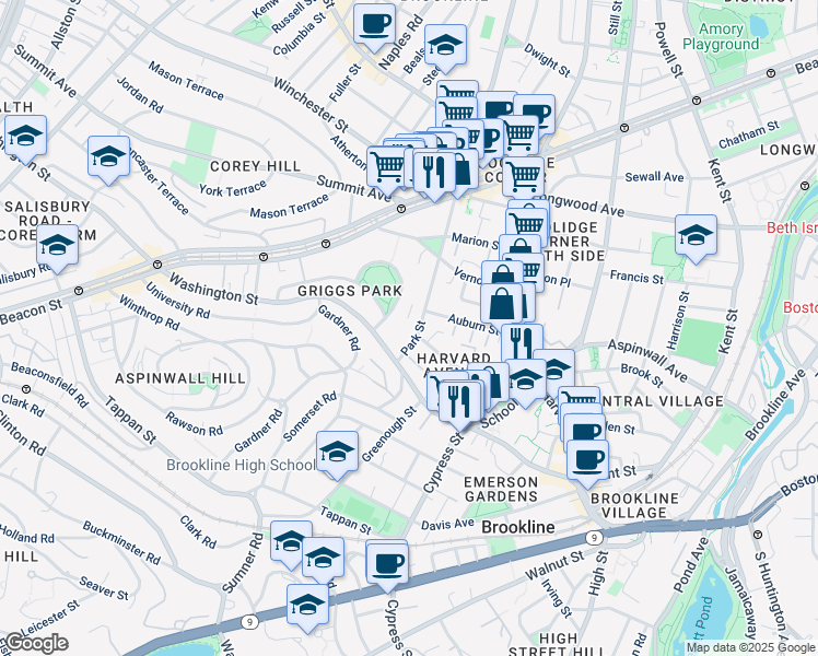map of restaurants, bars, coffee shops, grocery stores, and more near 32 Park Street in Brookline