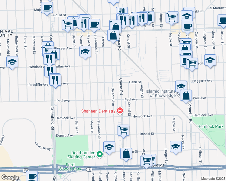 map of restaurants, bars, coffee shops, grocery stores, and more near 6438 Orchard Avenue in Dearborn