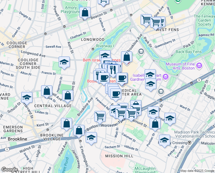 map of restaurants, bars, coffee shops, grocery stores, and more near 1 Jimmy Fund Way in Boston