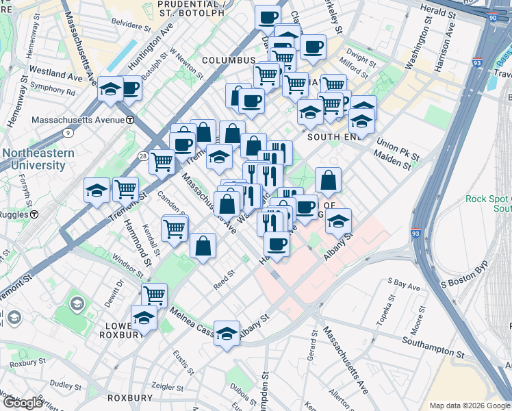 map of restaurants, bars, coffee shops, grocery stores, and more near 1718 Washington Street in Boston