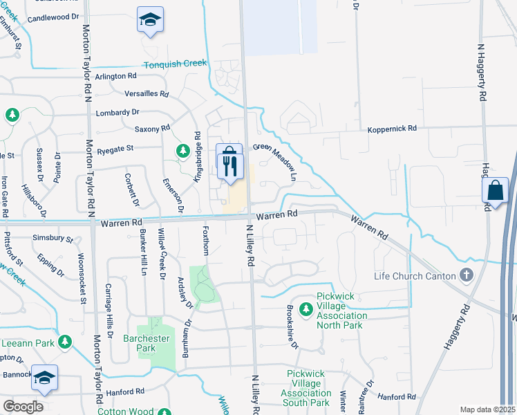 map of restaurants, bars, coffee shops, grocery stores, and more near 7263 Green Meadow Lane in Canton
