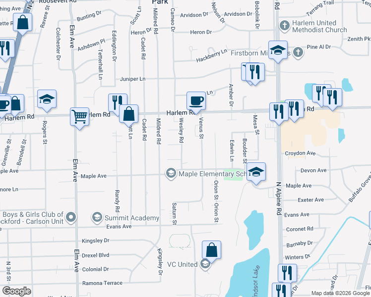 map of restaurants, bars, coffee shops, grocery stores, and more near 7807 Wesley Road in Machesney Park