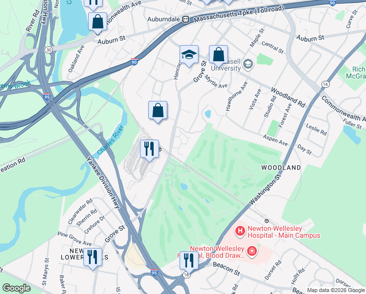 map of restaurants, bars, coffee shops, grocery stores, and more near 282 Grove Street in Newton