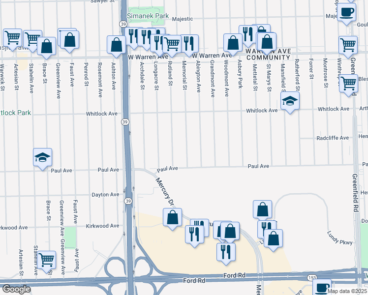map of restaurants, bars, coffee shops, grocery stores, and more near 6391 Memorial Street in Detroit