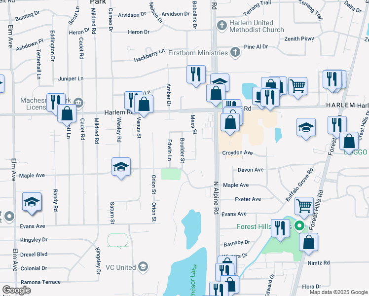 map of restaurants, bars, coffee shops, grocery stores, and more near 7725 Boulder Street in Loves Park