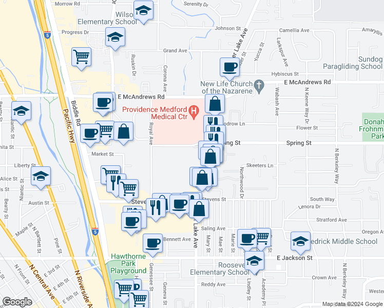 map of restaurants, bars, coffee shops, grocery stores, and more near 760 Spring Street in Medford