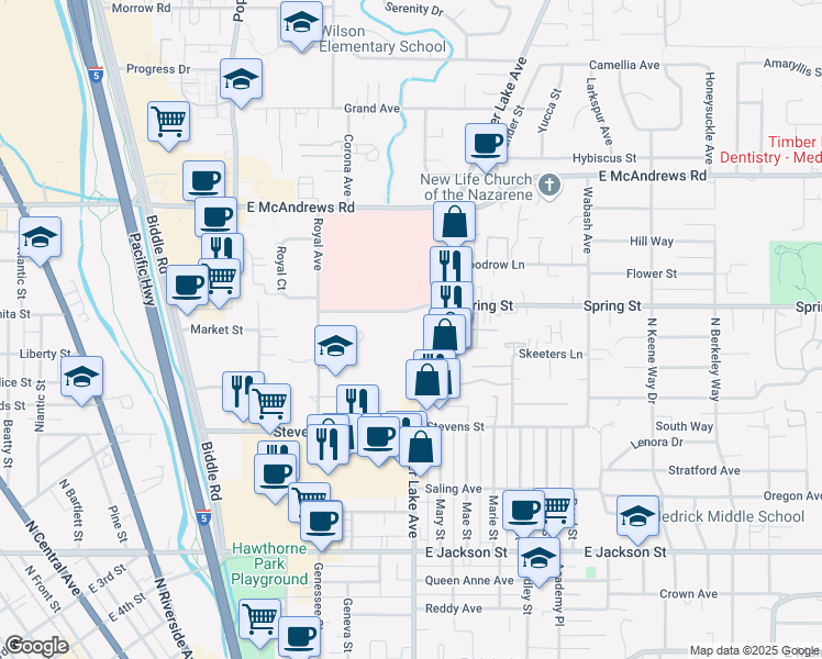 map of restaurants, bars, coffee shops, grocery stores, and more near 835 Crater Lake Avenue in Medford