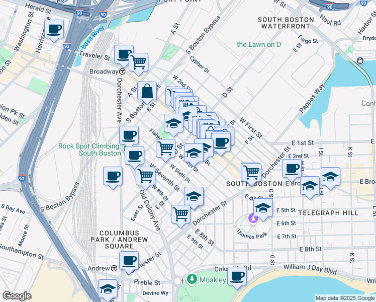 map of restaurants, bars, coffee shops, grocery stores, and more near 205 D Street in Boston