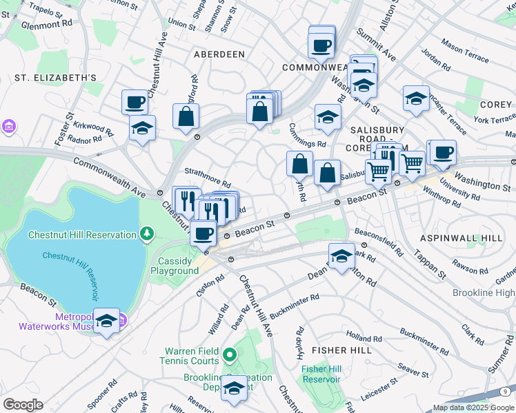 map of restaurants, bars, coffee shops, grocery stores, and more near 1 Reservoir Court in Brookline
