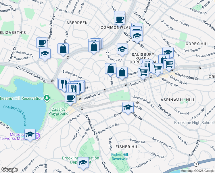 map of restaurants, bars, coffee shops, grocery stores, and more near 1834 Beacon Street in Brookline