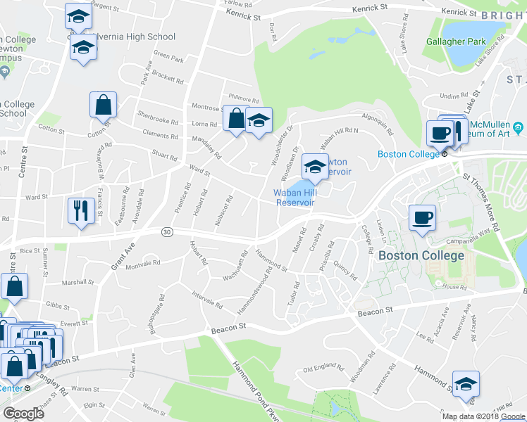 map of restaurants, bars, coffee shops, grocery stores, and more near 18 Hammond Street in Newton