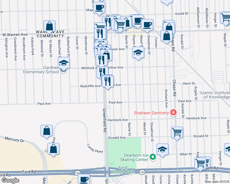 map of restaurants, bars, coffee shops, grocery stores, and more near 6440 Yinger Avenue in Dearborn