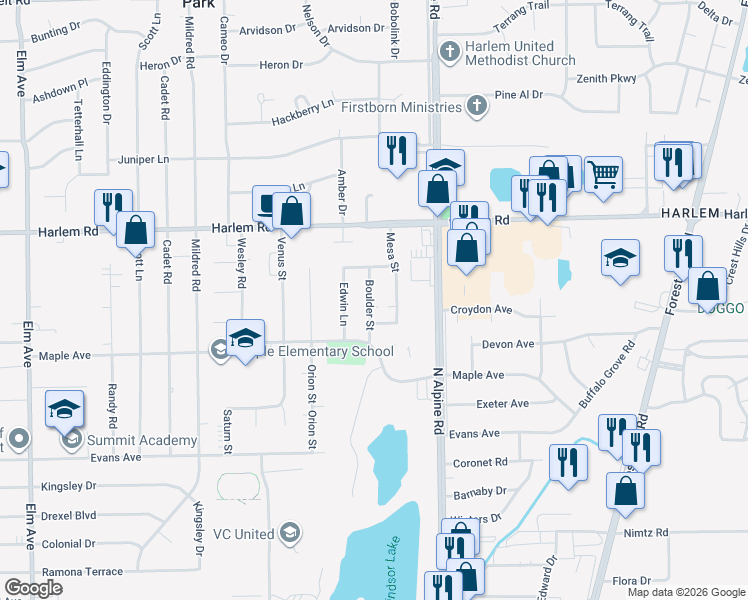 map of restaurants, bars, coffee shops, grocery stores, and more near 7725 Boulder Street in Loves Park