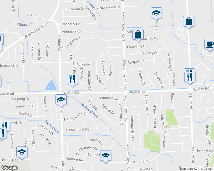 map of restaurants, bars, coffee shops, grocery stores, and more near 7244 Hillsboro Drive in Canton
