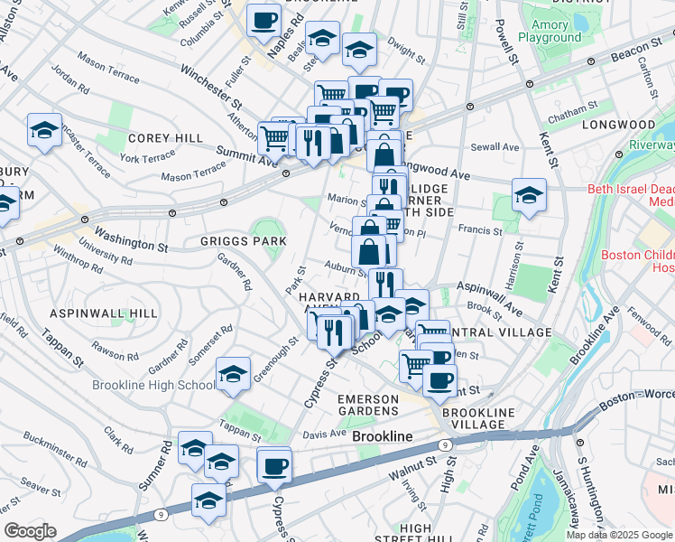 map of restaurants, bars, coffee shops, grocery stores, and more near 9 Auburn Place in Brookline