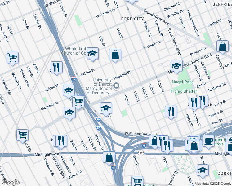map of restaurants, bars, coffee shops, grocery stores, and more near 2700 Martin Luther King Jr Blvd in Detroit