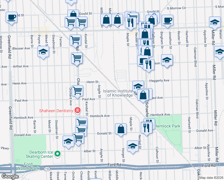 map of restaurants, bars, coffee shops, grocery stores, and more near 10 Williamson Court in Dearborn
