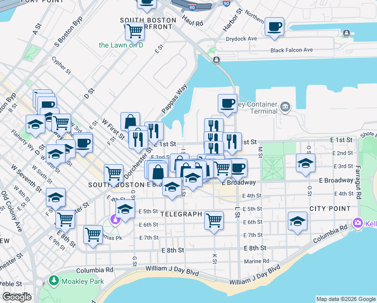 map of restaurants, bars, coffee shops, grocery stores, and more near 17 I Street in Boston