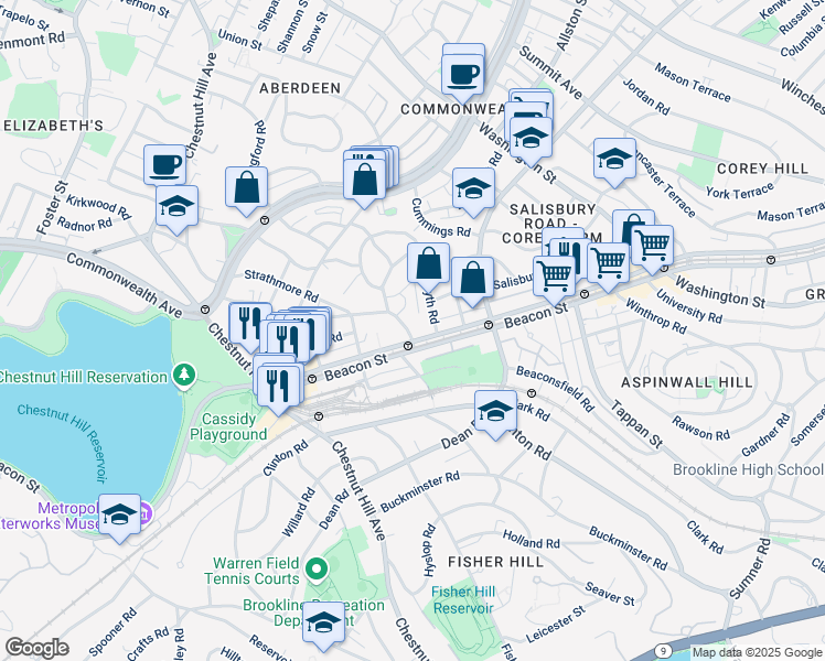 map of restaurants, bars, coffee shops, grocery stores, and more near in Brookline
