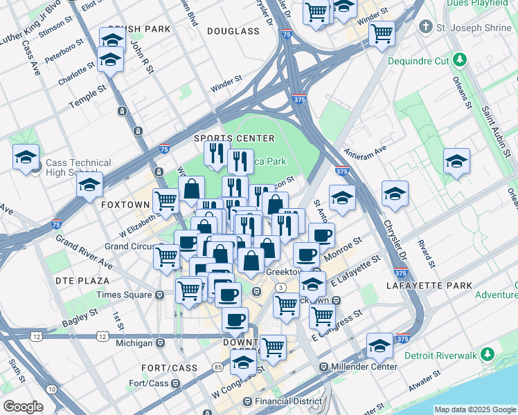 map of restaurants, bars, coffee shops, grocery stores, and more near 333 Madison Street in Detroit