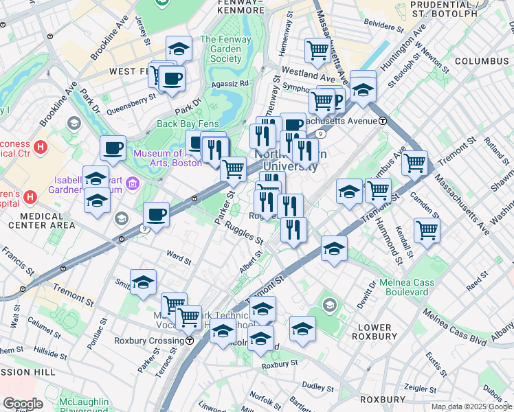 map of restaurants, bars, coffee shops, grocery stores, and more near 40 Leon Street in Boston