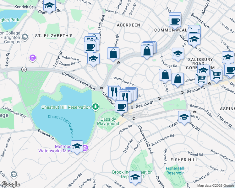 map of restaurants, bars, coffee shops, grocery stores, and more near 4 Chiswick Road in Boston