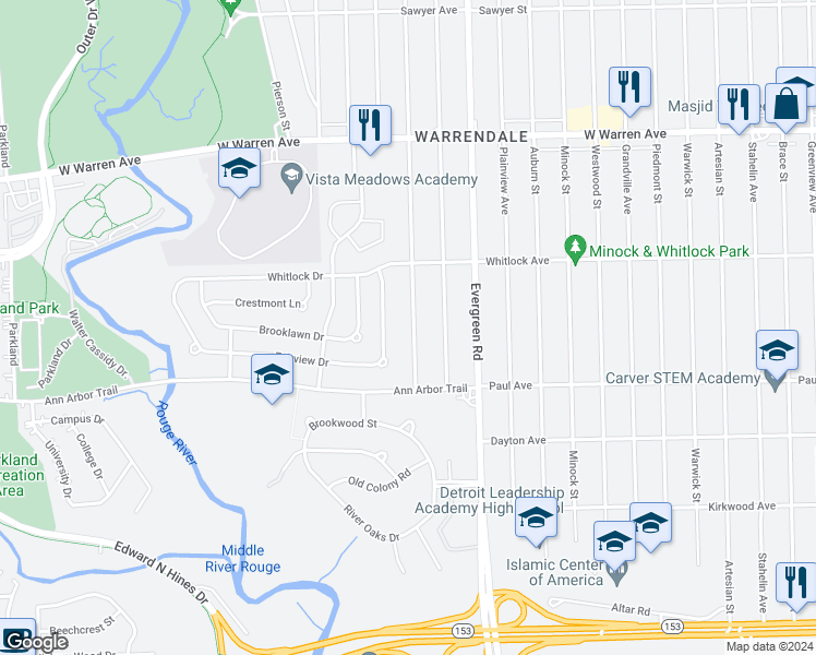 map of restaurants, bars, coffee shops, grocery stores, and more near 6429 Heyden in Dearborn Heights