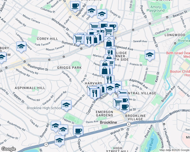 map of restaurants, bars, coffee shops, grocery stores, and more near 9 Auburn Place in Brookline
