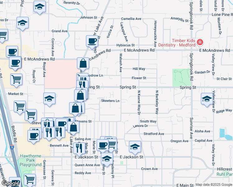 map of restaurants, bars, coffee shops, grocery stores, and more near 905 Wabash Avenue in Medford