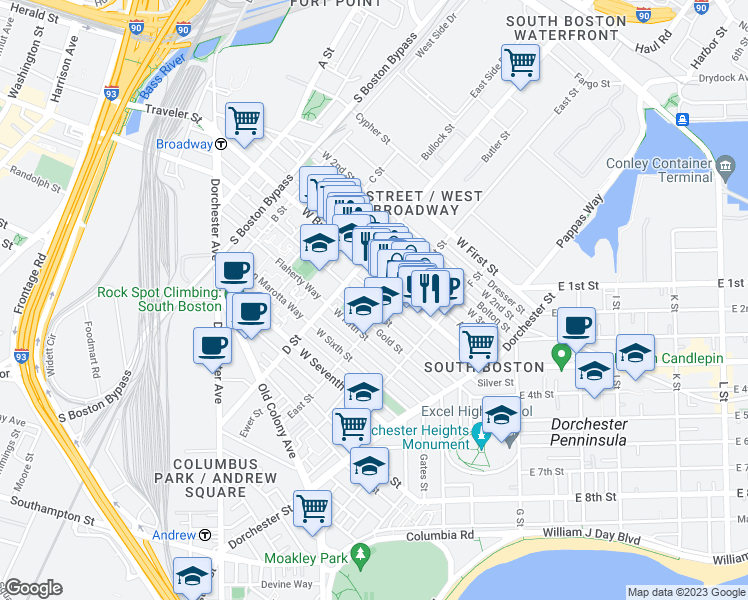 map of restaurants, bars, coffee shops, grocery stores, and more near 350 West Fourth Street in Boston