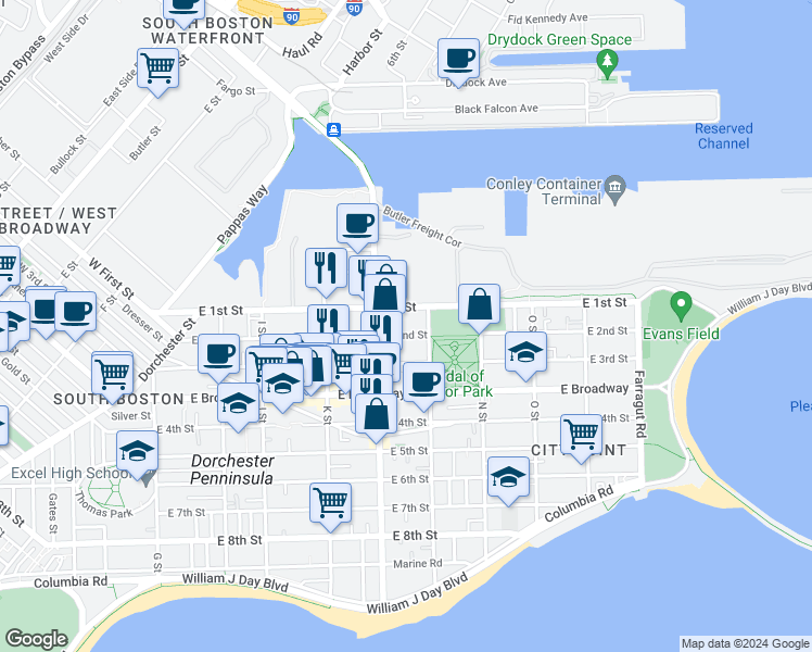 map of restaurants, bars, coffee shops, grocery stores, and more near 730 East 2nd Street in Boston