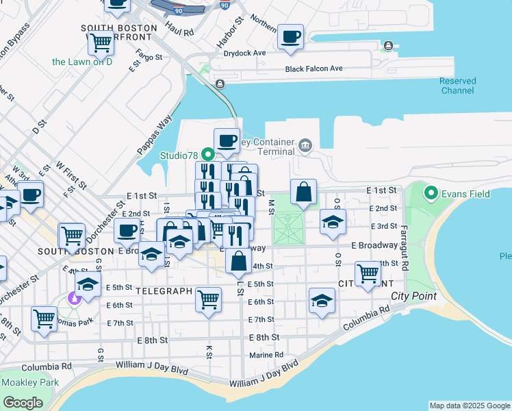 map of restaurants, bars, coffee shops, grocery stores, and more near 730 East 2nd Street in Boston