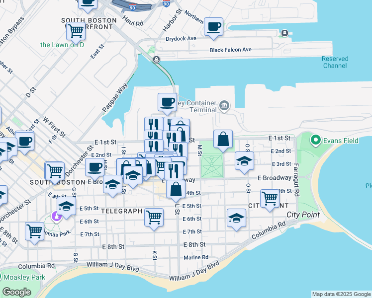 map of restaurants, bars, coffee shops, grocery stores, and more near 730 East 2nd Street in Boston
