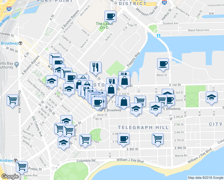 map of restaurants, bars, coffee shops, grocery stores, and more near 103 Dresser Street in Boston