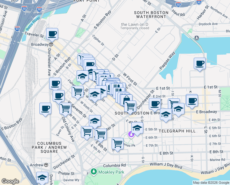 map of restaurants, bars, coffee shops, grocery stores, and more near in Boston