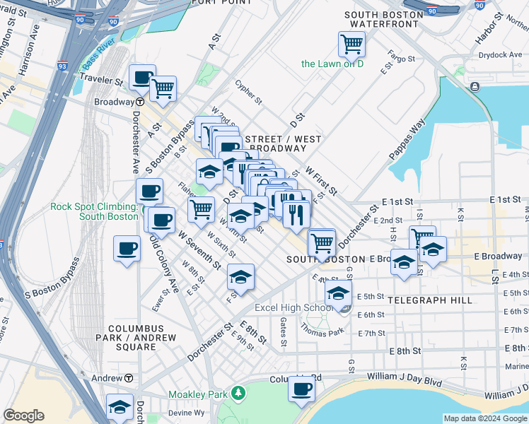 map of restaurants, bars, coffee shops, grocery stores, and more near in Boston
