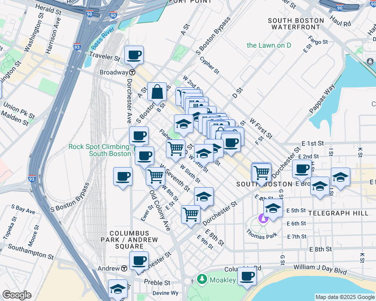 map of restaurants, bars, coffee shops, grocery stores, and more near 205 D Street in Boston